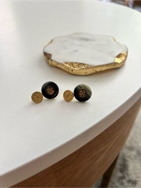 Tory Burch Gold and Black Logo Double-Stud Earrings